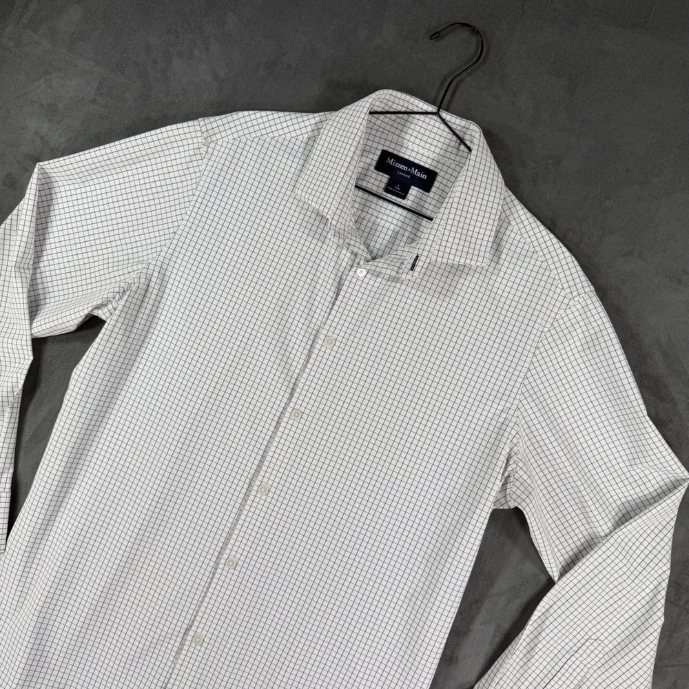 Mizzen Main Leeward Trim Fit Dress Shirt White Navy Plaid Mens Large L Stretch